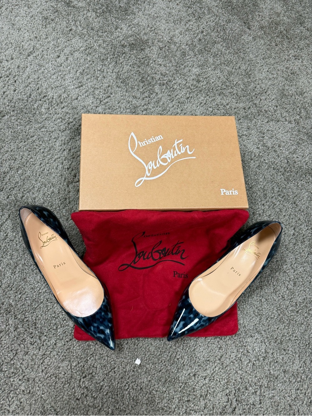 Christian Louboutin Blue Patent Pointed Toe Leopard-Pattern Pumps Size 38.5